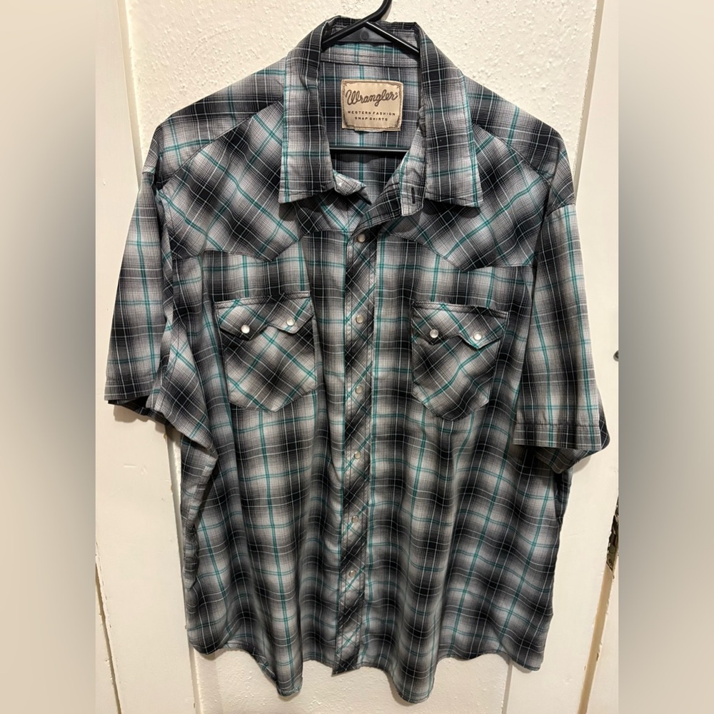 Wrangler Pearl Snap Short Sleeve Button Down XXL Gray Plaid